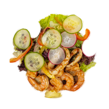 Салат с королевской креветкой и командорским кальмаром