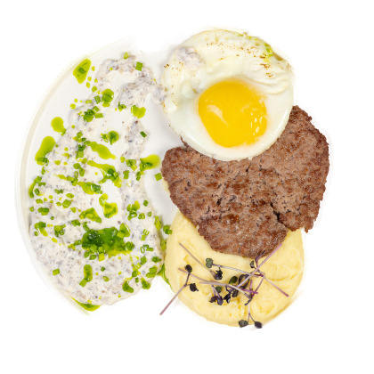 Бифштекс с картофельным пюре и грибным соусом