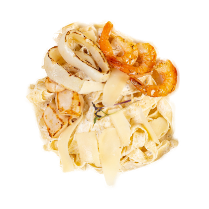 Паста с королевской креветкой и командорским кальмаром