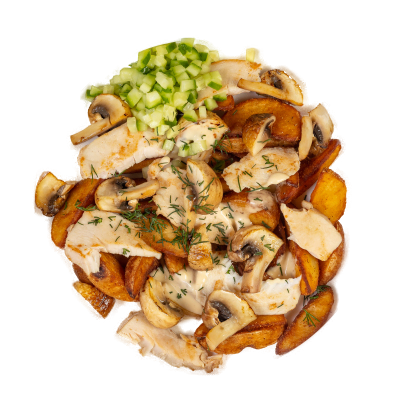 Картофель с курицей и грибами в сливочно-чесночном соусе